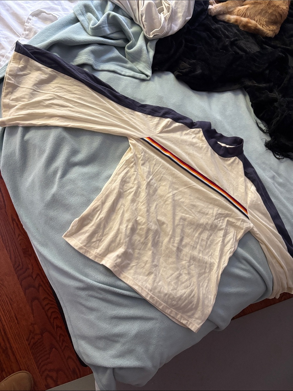 Womens Long Sleeve Stripe Raglan Tee - White with Navy Trim